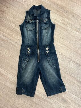 Dark Blue Denim Sleeveless Romper with Star Trim